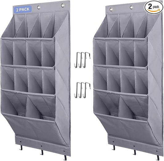 FENTEC 2 Pack Over the Door Shoe Organizer, Hanging Shoe Organizer Rack,24 Large Pockets and 4 Larger Storage Various Compartments with 6 Hooks, Home Accessories, Grey by Fentec