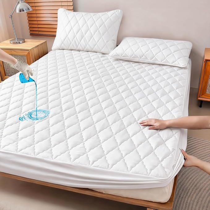 Waterproof Quilted Mattress Protector, Black, Deep Pocket 15 Inch, Soft Fabric, Machine Washable, 360° Full Coverage (White, Twin)