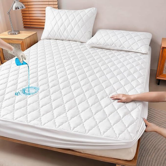 Waterproof Quilted Mattress Protector, Black, Deep Pocket 15 Inch, Soft Fabric, Machine Washable, 360° Full Coverage (White, Full)