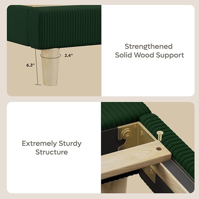 Bestier Full Bed Frame with Headboard,Full Size Bed with LED Light,Vertical Channel Tufted Corduroy Upholstered, Solid Wooden Slats Support, No Box Spring Needed, Never Squeaks, Easy Assembly,Green