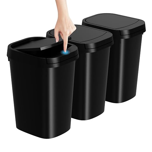KSSKSS 3 Pack Bathroom Small Trash Can with Lid, 2.6 Gallon Slim Garbage Bin with Pop-Up Lid, 10L Plastic Wastebasket for Bedroom, Office, Kitchen, Toilet (Black) by ksskss