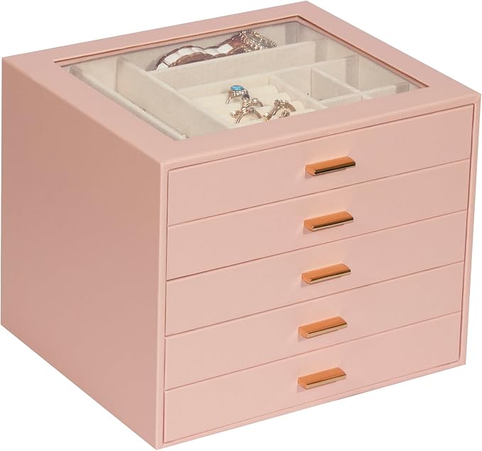 Jewelry Box with Glass Lid, 5-Layer Jewelry Organizer for Women Girls, PU Leather Display Case with 20-Grid Earring Tray & Movable Dividers for Necklaces Rings,Pink by Unknown