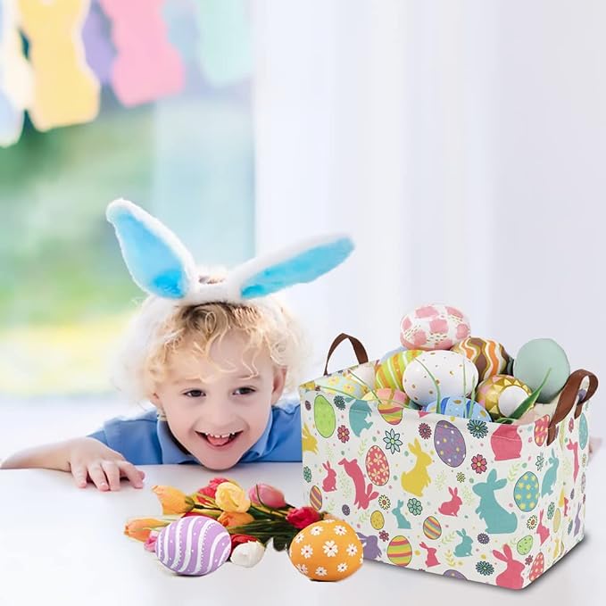 CLOCOR Easter Eggs Basket Empty with Colorful Eggs-pattern,Rectangular Easter Gift Basket with Handles for Boys and Girls,Toys Bin,Room Decor(Easter Eggs Basket) - Image 2
