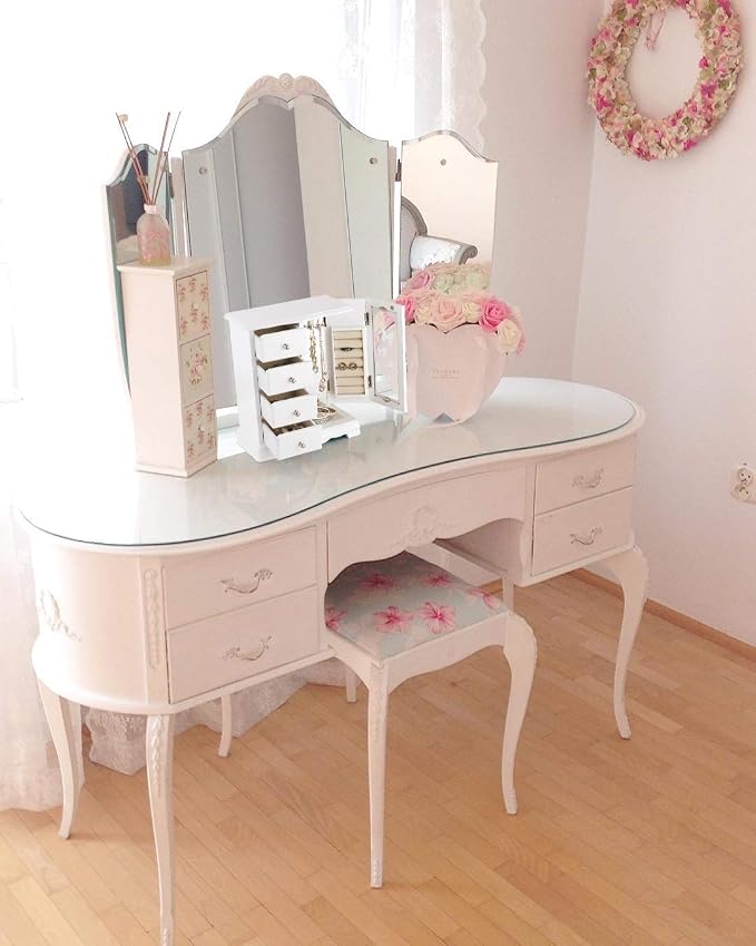 RR ROUND RICH DESIGN Jewelry Box - Made of Solid Wood with 4 Drawers Organizer and Built-in Necklace Carousel and Large Mirror White - Image 5