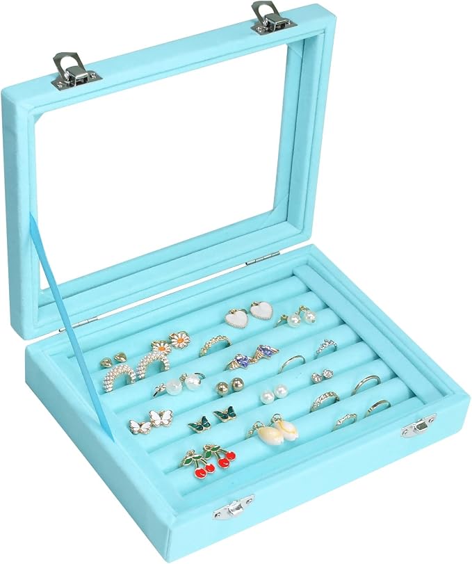 Vicoter Rings Organizer Tray 7 Slots Velvet Jewelry Earring Storage Box with Transparent lid Jewelry Display Case for Girls Wife Mom Women (Light Blue) by Vicoter