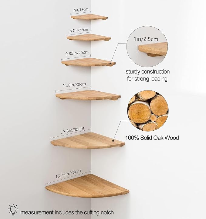 Corner Shelf, Solid Oak Wood Floating Corner Shelf Wall Mount Round End Floating Speaker Shelves with Wire Hole for Small Plant Photo Frame for Bedroom Kitchen, Living Room (Oak, 7.1in) - Image 6
