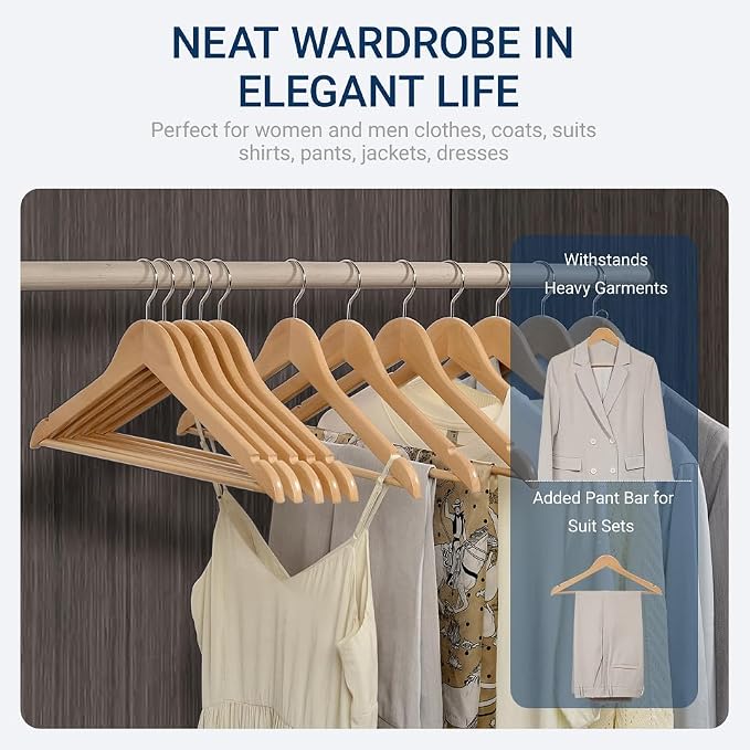 Amber Home 30 Pack Wooden Coat Hangers, Natural Wood Suit Hangers with Non-Slip Pant Bar, Clothes Hangers for Closet Organization, Shirts, Jackets, Dresses, and Pants (Natural, 30) - Image 6