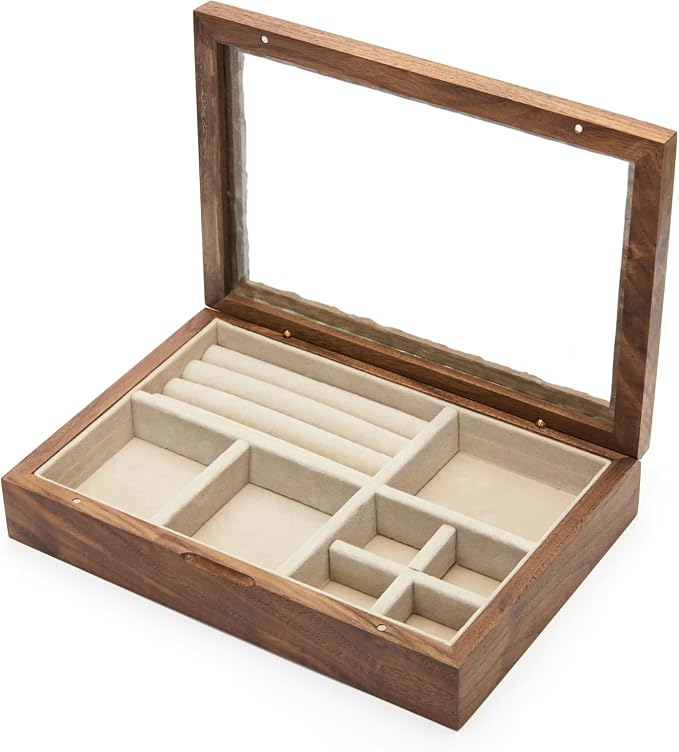 pandapark Wooden Jewelry Box with Glass Lid, Multi-Compartment Storage Display Case, Walnut Brown (Silver Walnut) - Image 5