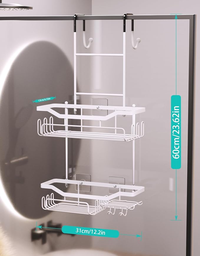 HapiRm Hanging Shower Caddy Over the Door with Soap Holder, No Drilling Adhesive Shower Organizer with 11 Hooks, Rustproof & Waterproof 304 Stainless Steel Bathroom Shelves - White - Image 7
