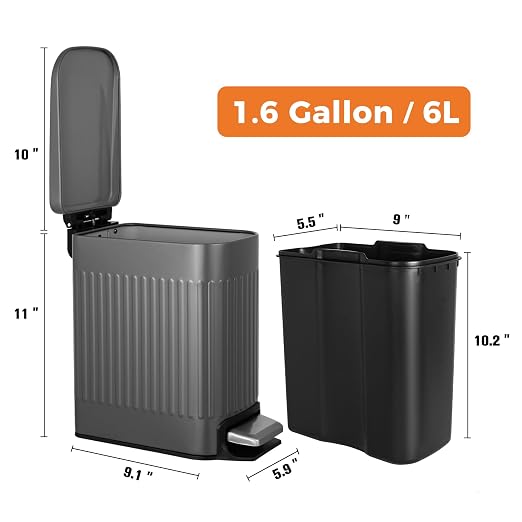 TrashAid Small 1.6 Gallon Stainless Steel Trash Can with Removable Inner Bucket, Grey, Hands Free Step Pedal Design - Image 8