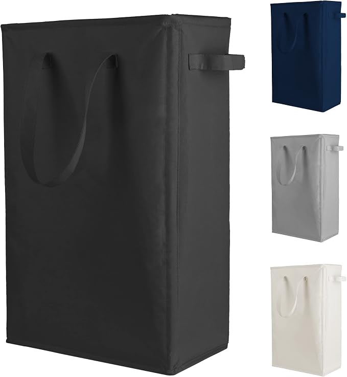 Odonata Slim Laundry Hamper Handles Collapsible Laundry Basket Thin Dirty Clothes Basket Narrow Laundry Bag Foldable Dirty Hamper 45L (Black) by Odonata