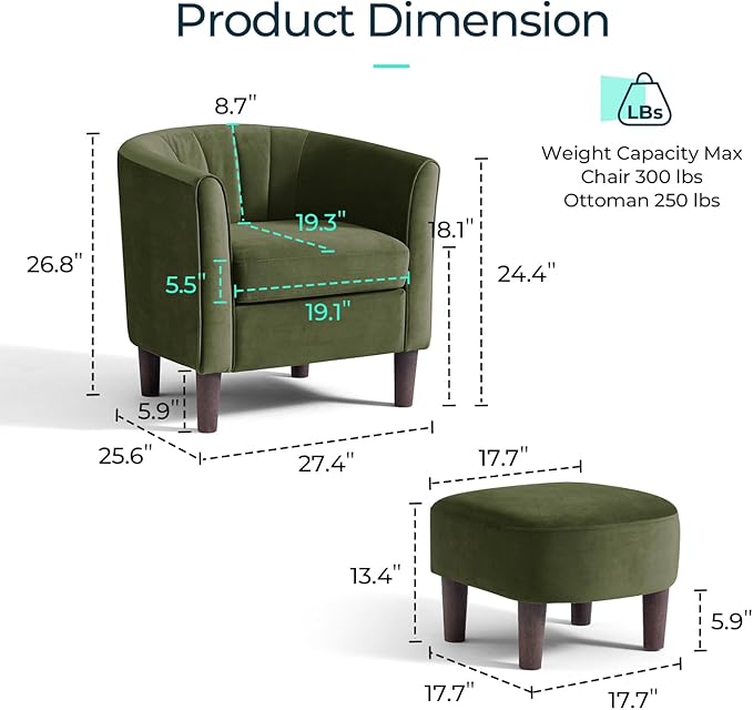 LINSY Accent Chair with Ottoman, Modern Barrel Chair Small Armchair Reading Chair with Footrest, Comfy Round Arms Chair for Living Room Bedroom Reading Room, Velvet, Olive Green