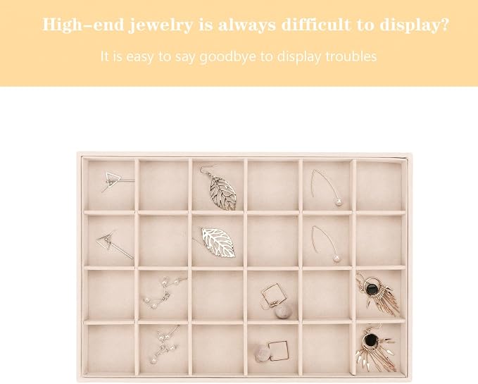 Large Velvet Jewelry Tray, Drawer Organizer for Jewelry in Dresser, Stackable Jewelry Drawer Organizer Inserts for Earring Necklace Bracelet Rings(Beige,24grid) - Image 2