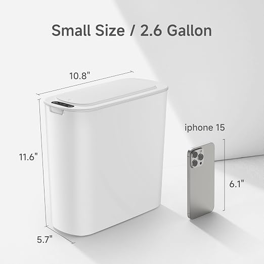 TIPGO Automatic Motion Sensor Bathroom Trash Can with Lid, 2.6 Gallon Touchless Trash Bin, Smart Garbage Can Plastic Slim Wastebasket for Bedroom, Office, Dorm (White) - Image 3