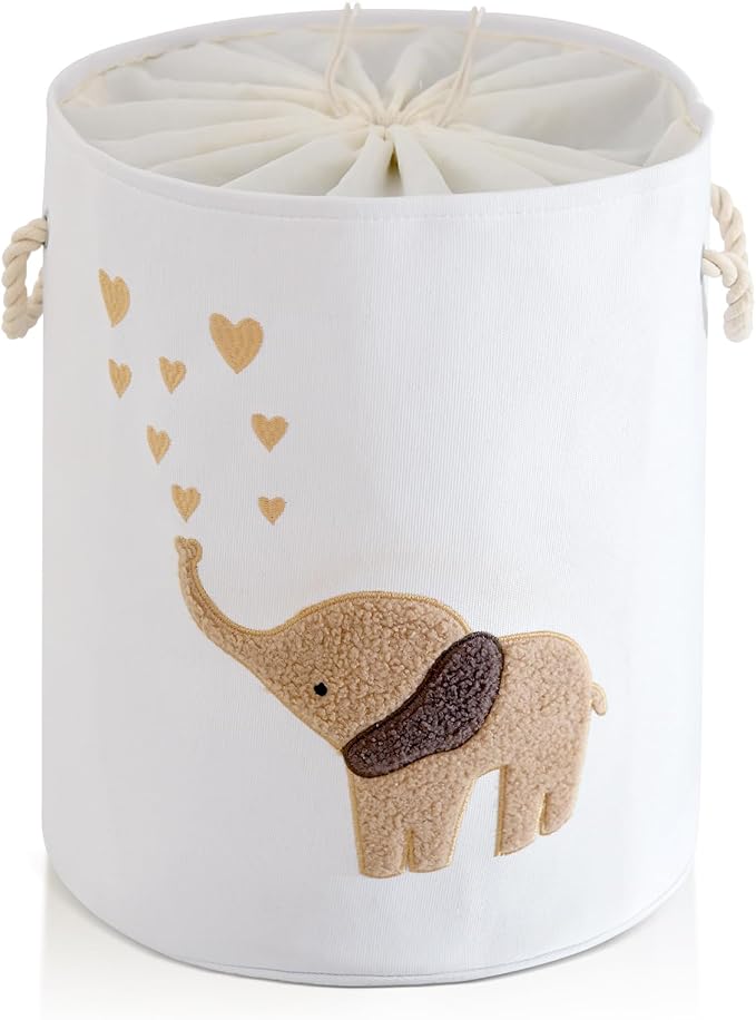 INough Baby Laundry Basket Laundry Hamper, Canvas 58L XL Baby Clothes Basket, Collapsible Brown Laundry Basket for Nursery Toy Baskets with Drawstring Closure, KidsRoom Decor for Boys by INough
