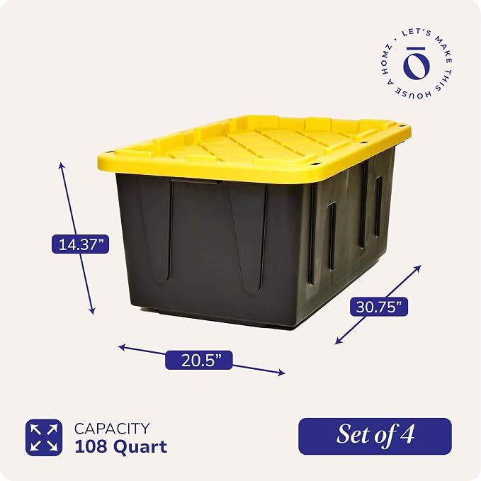 HOMZ 4-Pack Durabilt Tote, Heavy Duty Plastic Storage Bins with Lids, 27 Gallon, Black/Yellow - Stackable Organizing Containers for Home, Garage, and Shed - Image 2