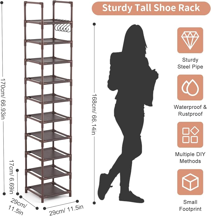 LANTEFUL Tall Shoe Rack 10-Tier Narrow Shoe Shelf Storage for 10-15 Pairs Shoe and Boot, Sturdy Shoe Storage Space Saving Corner Shoe Rack Organizer for Closet, Entryway, Living Room, Brown - Image 3