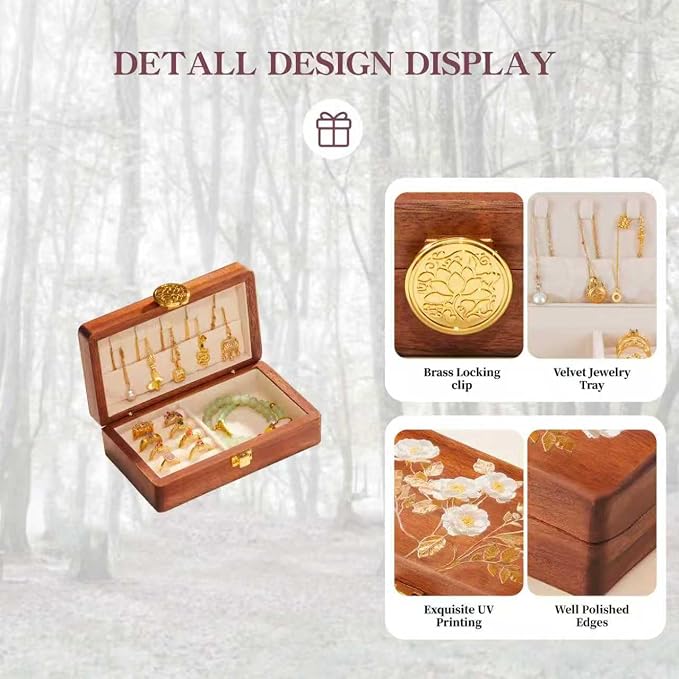 Travel Jewelry Case Small Wood Jewelry Organizer Jewelry Box for Women (Nut-Brown Print) - Image 4