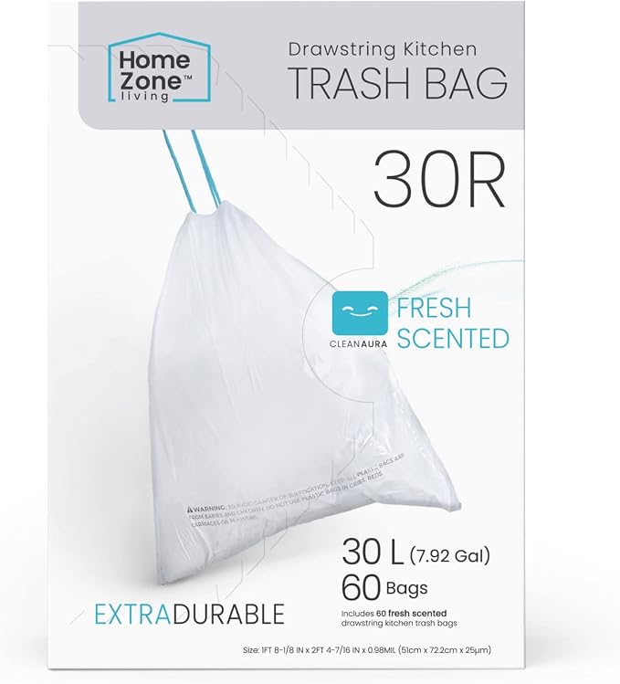 Home Zone Living 8 Gallon Kitchen Trash Bags with Drawstring Handles, Heavy Duty Custom Fit Design for 30 Liter Dual Recycling Liners, Code 30R, 60-Count by HomeZoneLiving