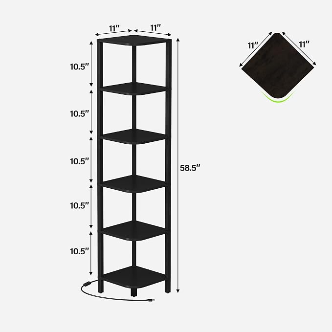 TUTOTAK Corner Shelf with LED Light, 6-Tier Corner Bookshelf for Small Space, Narrow Display Corner Shelf Stand with Storage Rack, for Living Room, Bedroom, Black BS08BK006L - Image 2
