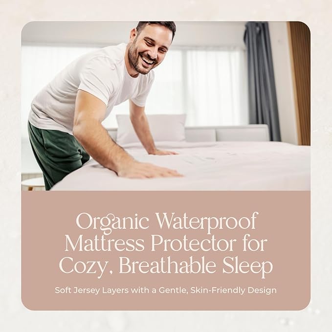 Organic Waterproof Mattress Protector Queen Size - 100% Waterproof Mattress Pad with Quiet & Breathable Triple Layer Protection - Fairtrade & GOTS Certified Durable Machine Washable Design (Queen)