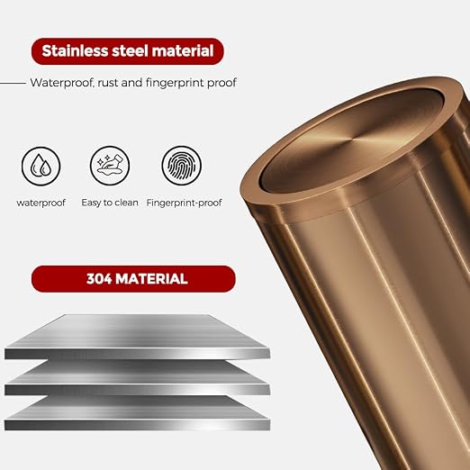 Antique Brass Bathroom Trash can with lid，Stainless Steel,Small Grabage Can with Flipping Lid, 9L/2.4Gal for Living Room,Bedroom,Guest Room,Hotel (Rose Gold) - Image 4