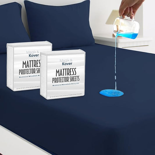 2 Pack Mattress Protector & Waterproof Bed Sheet, Machine Washable 18" Deep Pocket Queen Size Covers, Navy Blue