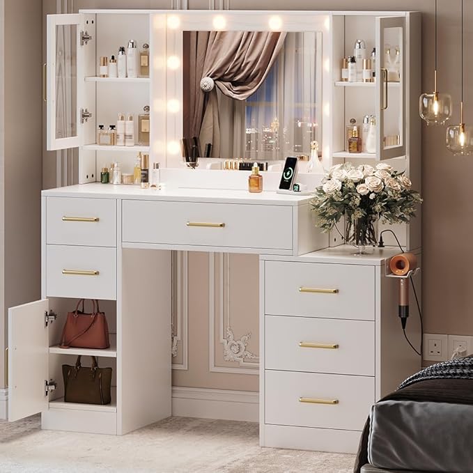 UGTOO Makeup Vanity Desk with Mirror and Lights, 51.2" Makeup Vanity with Lights & Charging Station, Dressing Table Vanity Set for Bedroom, White Vanity Table with 6 Drawers and 3 Cabinet