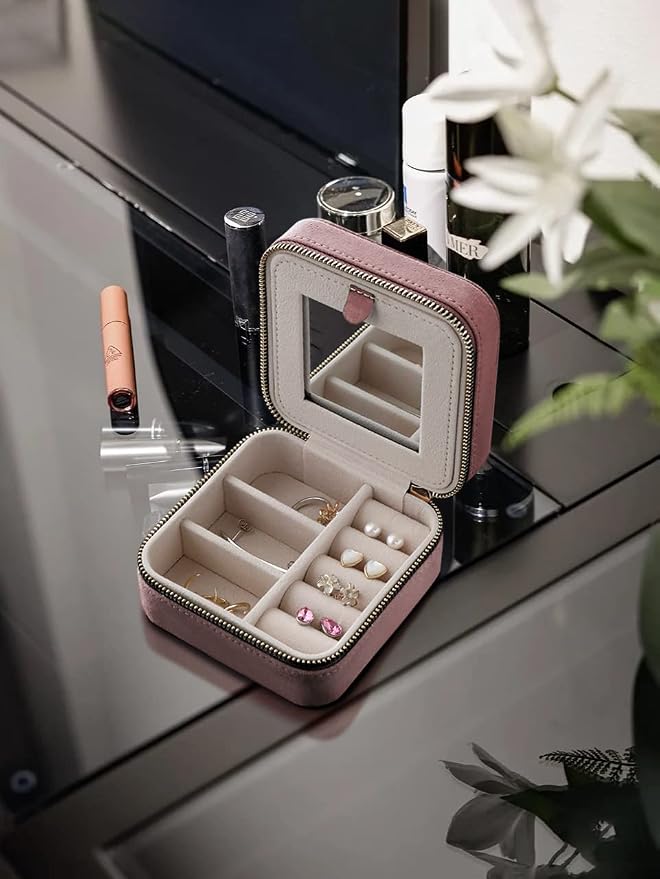 S.Leaf Travel Jewelry Organizer Boxes for Women Small Portable Necklace Earrings Bracelet Rings Travel Case Best Friend Birthday Gifts for Women Trendy (05_Suede_Touch_Dust_Pink) - Image 8