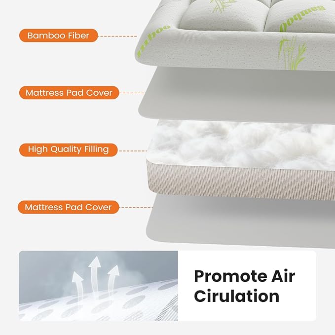 DUMOS Twin Size Ultra Soft Mattress Topper, Viscose Derived from Bamboo, Pillow Top Mattress Pad with Stretchable Pockets, Breathable Cooling Topper for Back Pain Relief