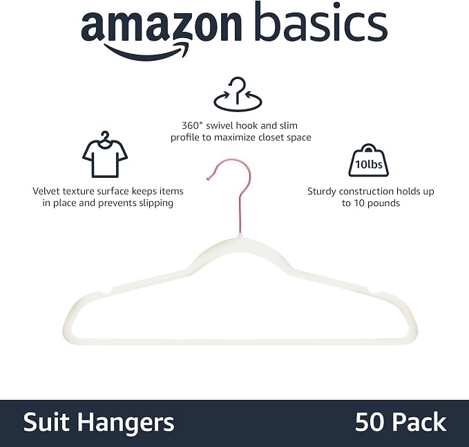 Amazon Basics Slim Velvet Non-Slip Space Saving Suit Clothes Hangers, Closet Organizer, Sturdy Construction, Ivory/Rose Gold, 50-Pack - Image 2