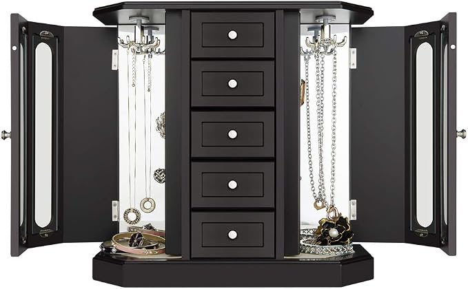 RR ROUND RICH DESIGN Jewelry Box - Made of Solid Wood with Cabinet Type 5 Drawers Organizer and 2 Separated Open Doors on 2 Sides and Large Mirror Black - Image 3