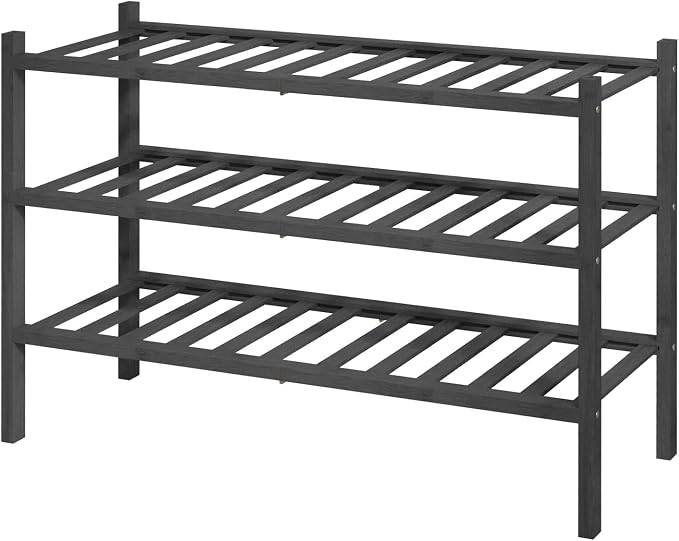 Kitsure Bamboo Wooden Shoe Rack for Closet - Stackable Shoe Organizer with Modular Structure, Space-Saving Shoe Shelf for Entryway, Living Room, Bedroom, 26.8" Wide - 3 Tiers, Black by Kitsure