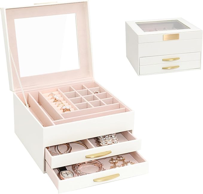 Jewelry Storage Box with Glasses Lid, 3-Tiers Jewelry Organizer Box for Women Girls, Jewelry Case for Rings, Bracelets Earrings, Necklaces (White) by HOME
