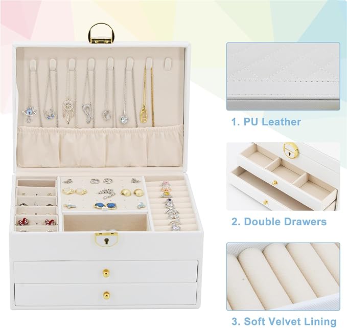 KOOAAICCHI Jewelry Box for Women, 3-Layer Jewelry Organizer, Jewelry Storage Case PU Leather for Earrings, Bracelets, Ring, Necklaces-White - Image 3