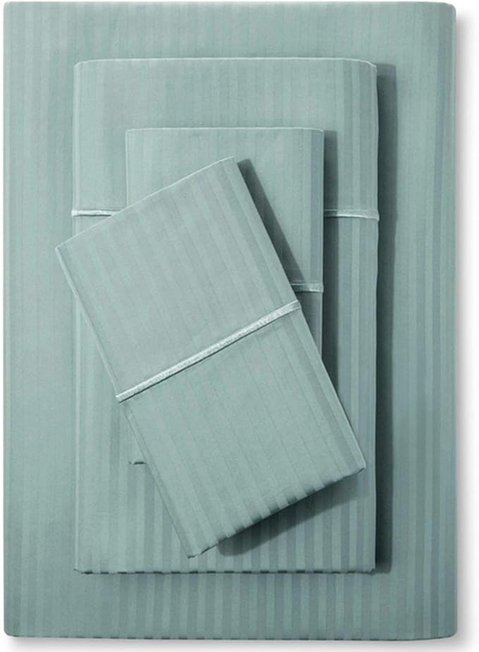 Feather & Stitch 500 TC Full Size Bed Sheet Set, 100% Cotton Soft Breathable Bedsheets, 4 Piece 18" Deep Pockets Sateen Weave Striped Bedding Mattress Resort Hotel Luxury - (Granite Green Stripe)