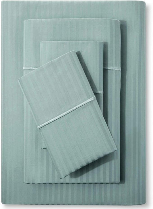 Feather & Stitch 500 TC Full Size Bed Sheet Set, 100% Cotton Soft Breathable Bedsheets, 4 Piece 18" Deep Pockets Sateen Weave Striped Bedding Mattress Resort Hotel Luxury - (Granite Green Stripe)