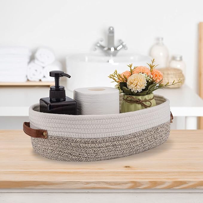 2 Pack Woven Storage Basket for Toilet Tank Top,Farmhouse Home Decor Organizing Basket for Bathroom,Table and Counter 13"x5.9"x4" Apricot Stitching White - Image 2