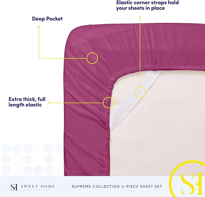 Queen Size Bed Sheets - Breathable Luxury Sheets with Full Elastic & Secure Corner Straps Built In - 1800 Supreme Collection Extra Soft Deep Pocket Bedding Set, Sheet Set, Queen, Berry