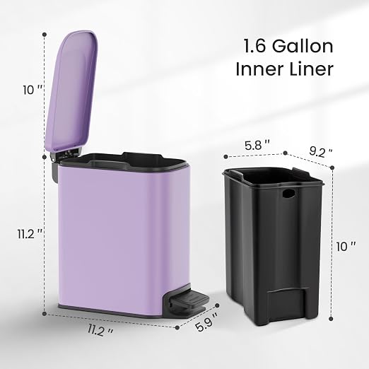Cesun Small Bathroom Trash Can with Lid Soft Close, Step Pedal, 6 Liter / 1.6 Gallon Stainless Steel Garbage Can with Removable Inner Bucket, Anti-Fingerprint Finish (Purple) - Image 6
