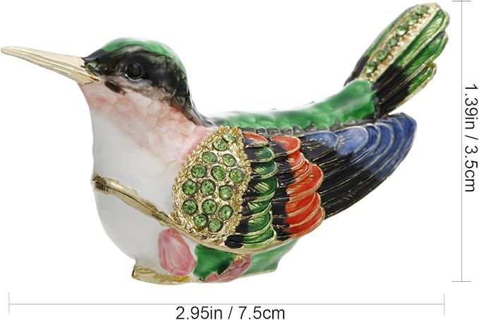 Hand Painted Enamel Hummingbird Trinket Box for Home Decor, Hinged Jewelry Organizer for Ring Earrings, Unique Figurine Keepsake Collectible Personalized Handmade Ornament Gifts (Green Hummingbird-2) - Image 2
