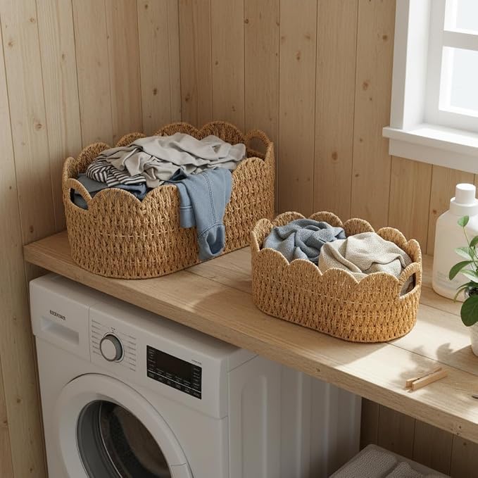 Coeusy Paper Rope Scalloped Basket Set of 2,Woven Storage Baskets for Shelves,Laundry,Towels,Clothes,Books,Toys,Cute Decor Baskets for Organizing,Natural Color - Image 2