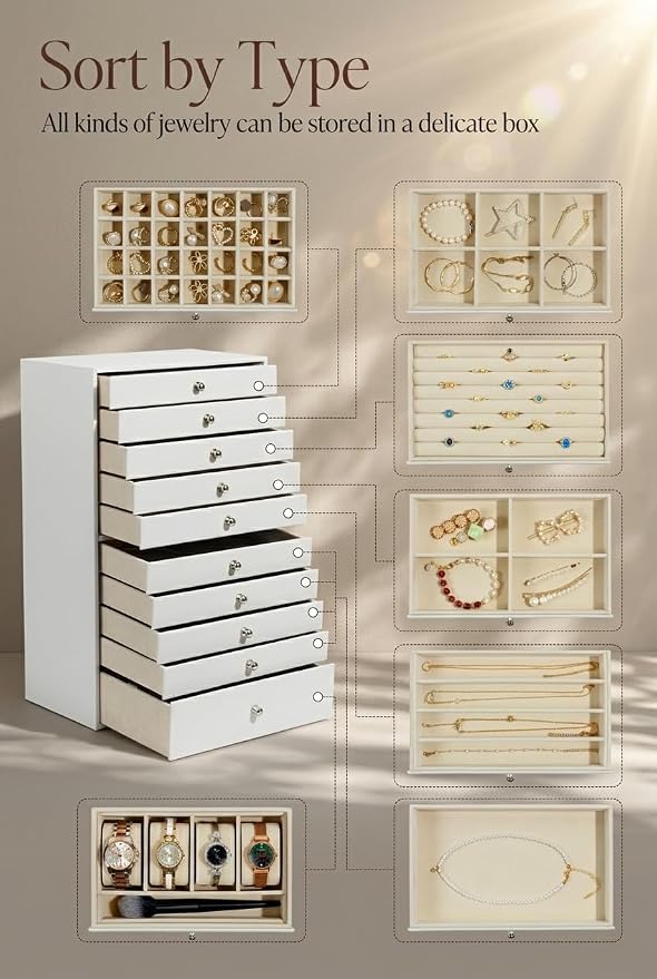 GUKA Large Jewelry Box, Jewelry Case with 10 Drawers for Big and Small Jewelry, Jewelry Storage Organizer for Watch Earrings Necklace Rings Bracelets, Birthday Wedding Gifts, White - Image 6