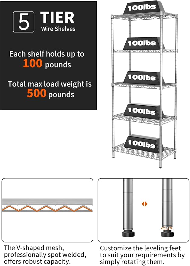 SINGAYE Shelf Wire Shelving Adjustable Storage Shelves Rack Standing Units for Kitchen Closet Laundry Bathroom Organizers Metal Pantry Narrow Mesh Gaps 12" D x 22" W x 59" H Gray - Image 4