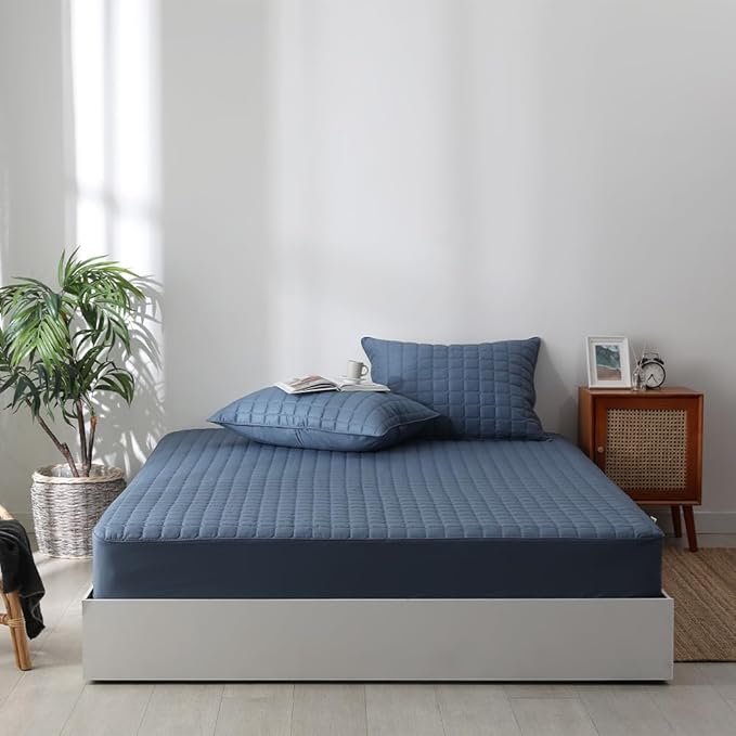 Quilted 100% Cotton Mattress Cover – 6 Colors, Machine Washable, Breathable & Stretchy, Fits up to 16-Inch Deep, Twin/Full/Queen/King (Navy, King)