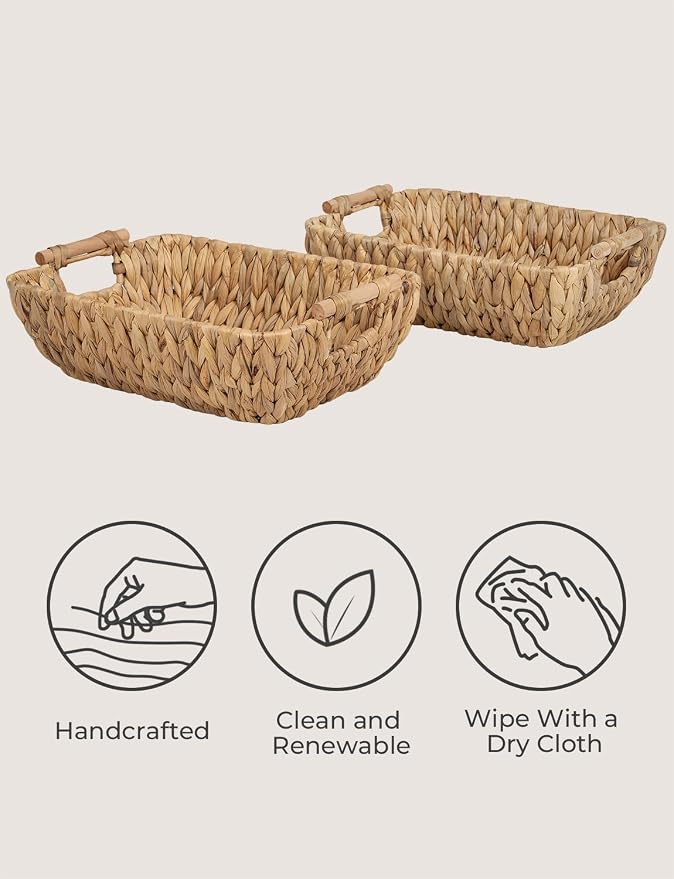 StorageWorks Hand-Woven Large Storage Baskets with Wooden Handles, Water Hyacinth Wicker Baskets for Organizing, 2-Pack - Image 4