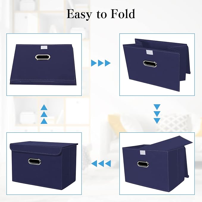 STOREONE Fabric Storage Cube Bins Foldable Organizer Container Collapsible Basket with Lids and Metal Handles, for Home, Bedroom, Closet 8 Pcs (Navy Blue) - Image 6