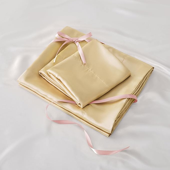 BEDELITE Satin Sheets Queen Size Bed Set, Luxury Soft Champagne Silky Sheets for Hair and Skin, Similar to Silk Bed Sheets Set 4 Pieces with 1 Deep Pocket Fitted Sheet, 1 Flat Sheet, and 2 Pillowcases