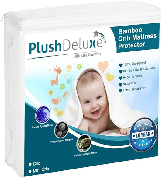 PlushDeluxe Pack and Play Mattress Protector, 39”x27”, Waterproof Playard Pack N Play Mini Crib Cover, Soft Viscose Made from Bamboo with Quilted Terry Cotton Top, Noiseless White Fitted Sheet Style