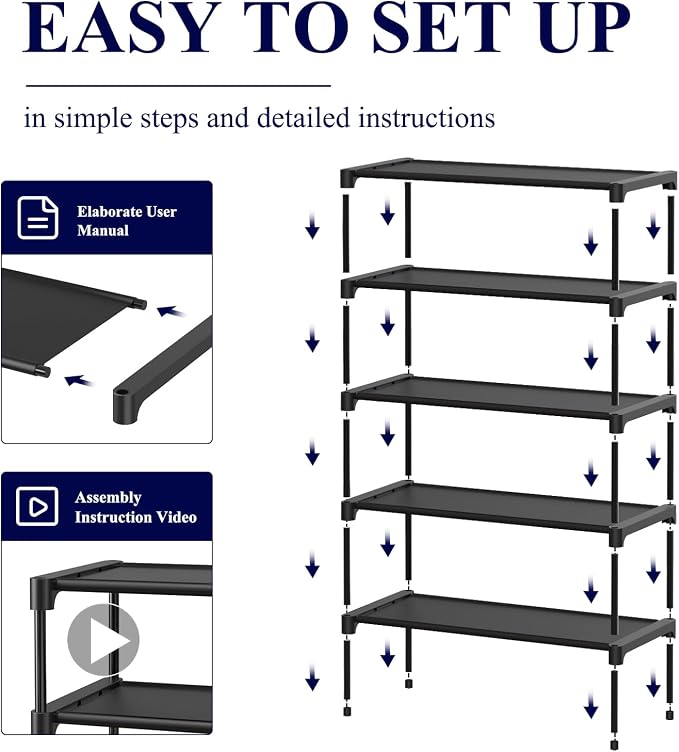 Kitsure Shoe Rack - Non-Woven Shoe Rack Shelf, Shoe Organizer for Closet, Entryway, Garage & Corridor, Stackable Shoe Shelves, 27.5" Wide - 5 Tier, Black - Image 4